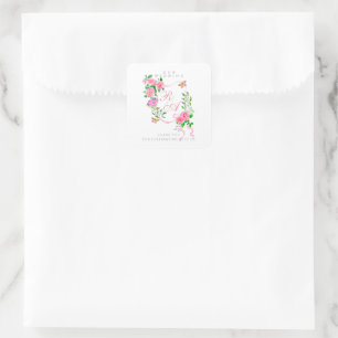 Roze lint monogram bruiloft vierkante sticker