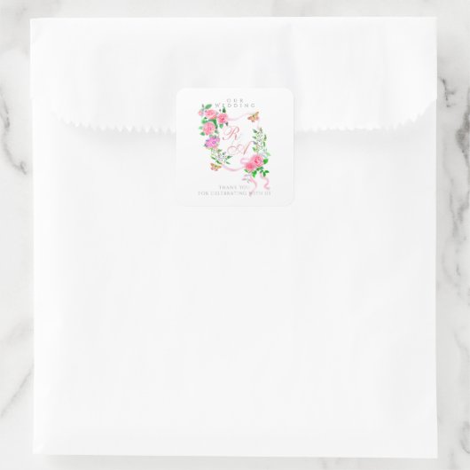 Roze lint monogram bruiloft vierkante sticker (Tas)