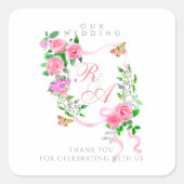 Roze lint monogram bruiloft vierkante sticker (Voorkant)