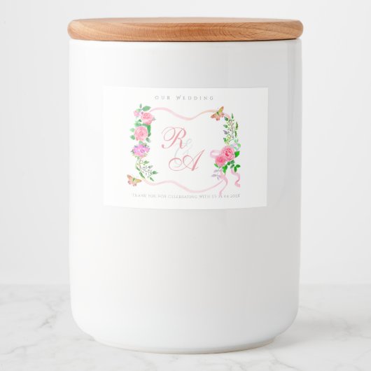 Roze lint monogram bruiloft voedselcontainer etiket (Voorkant)