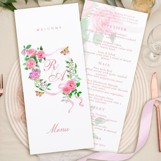 Roze lint monogram trouwmenu menu
