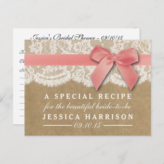 Roze lint op Kraft & Lace Vrijgezellenfeest Recept Uitnodiging Briefkaart (Voorkant / Achterkant)