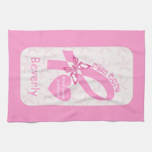 Roze lint overlevende borstkanker en roze grens theedoek (Horizontaal)