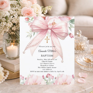 Roze lint parels bloemen meisje Doop uitnodiging