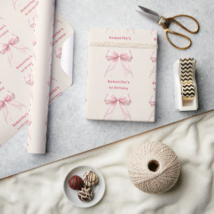 Roze lint parels crèmekleurig meisje verjaardag cadeaupapier