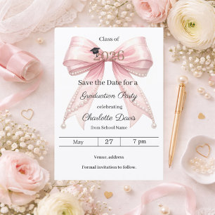 Roze lint parels elegante meisje Afstudeerfeest Save The Date