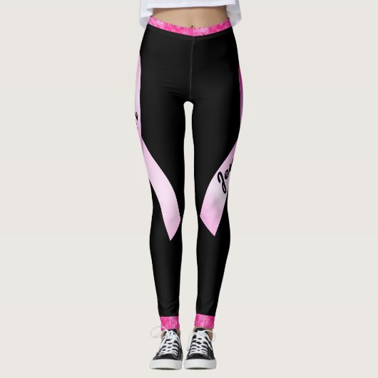 Roze lint Personaliseer borstkanker overlevende Leggings (Voorkant)