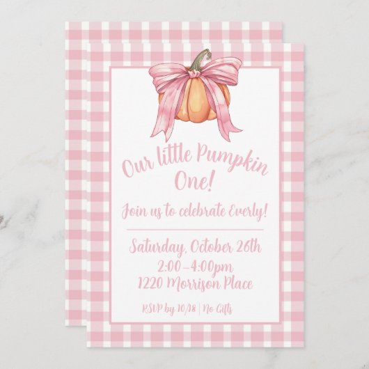 Roze lint pompoen, gingham roze meisje Herfst boog Kaart (Voorkant / Achterkant)