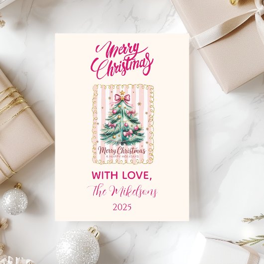 Roze Lint Prettig Kerstfeest Feestdagenkaart