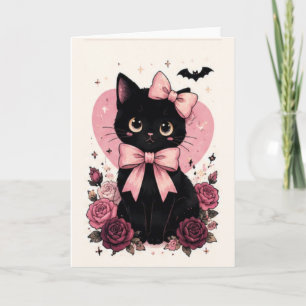Roze Lint Roos Bloem Zwarte Kat Kaart