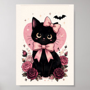 Roze Lint Roos Bloem Zwarte Kat Poster