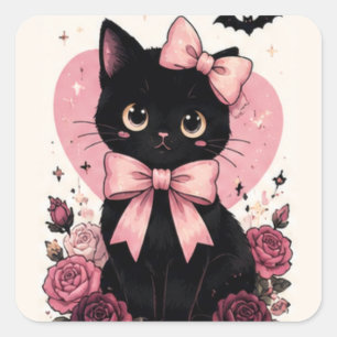 Roze Lint Roos Bloem Zwarte Kat Vierkante Sticker