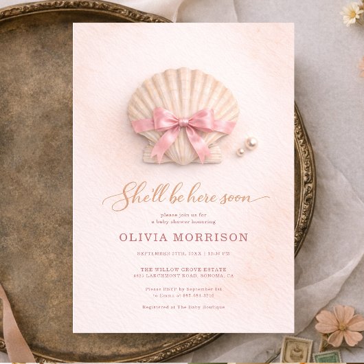 Roze lint schelp meisje babyshower kaart