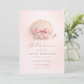 Roze lint schelp meisje babyshower kaart (Staand voorkant)