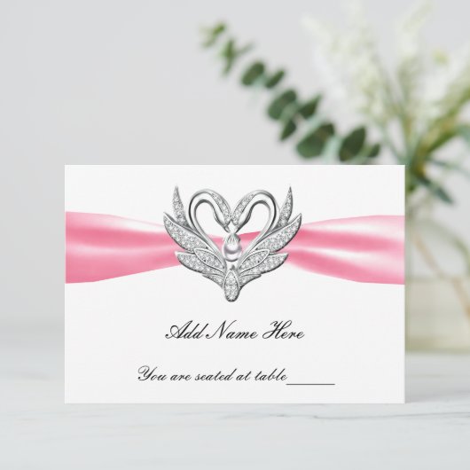 Roze lint Silver Swans Table Place Card Kaart (Staand voorkant)