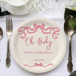 Roze lint stribble sketch baby shower papieren bordje<br><div class="desc">Roze lint krabbel schets handschrift lettertype baby shower sjabloon papier borden gepersonaliseerd baby shower servies,  modern eigenzinnige krabbel grillige illustratie oh baby baby shower borden</div>
