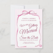 Roze lint strikte kunst strepen save the date kaar (Voorkant)