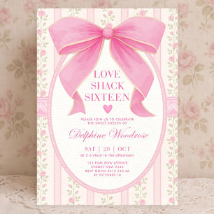 Roze Lint Sweet 16 Uitnodiging: Vintage Bloem Coqu Kaart