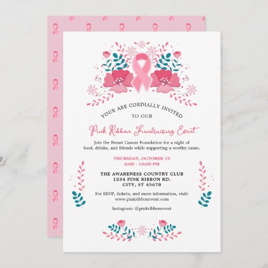 Roze lint Uitnodiging voor borstkanker (Voorkant / Achterkant)