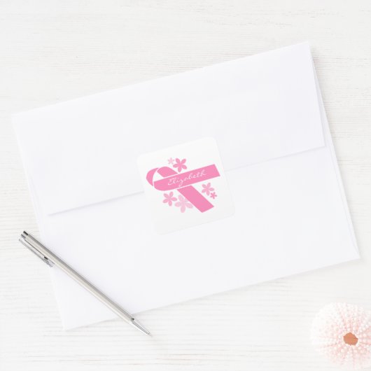Roze lint vierkante sticker (Envelop)