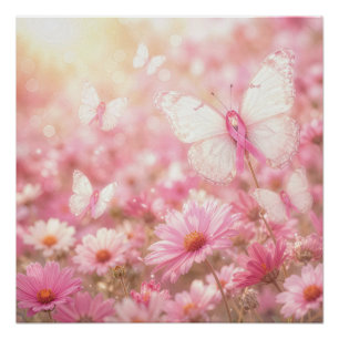 Roze Lint Vlinders in een Madeliefjestuin Perfect Poster