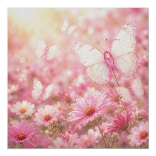 Roze Lint Vlinders in een Madeliefjestuin Perfect Poster (Voorkant)