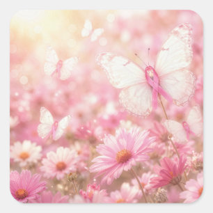 Roze Lint Vlinders in Tuin Vierkante Sticker