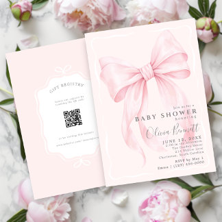 Roze lint waterverf meisje babyshower met QR-code Kaart
