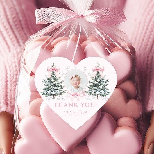 Roze lint Winter Onederland Hart Sticker