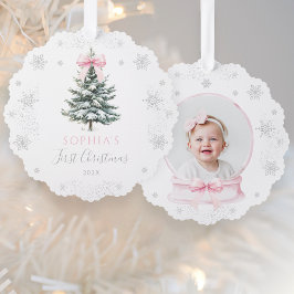 Roze lint Winterboom Eerste kerst Ornament Kaart