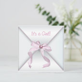 Roze lint Witte babyshower uitnodigingen voor meis (Staand voorkant)