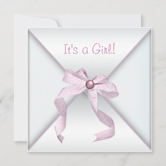 Roze lint Witte babyshower uitnodigingen voor meis (Voorkant)