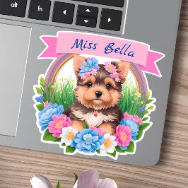 Roze Lint, Yorkshire & kleurrijke bloemen op maat Sticker
