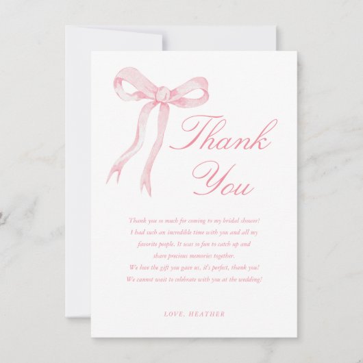 Roze lint ze knoopt de knoop bruidsfeest bedankkaart (Voorkant)
