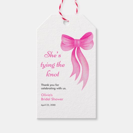 Roze lint ze knoopt de knoop bruidsfeest cadeaulabel (Voorkant)