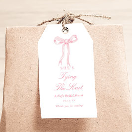 Roze lint, ze knoopt de knoop bruidsfeest cadeaulabel