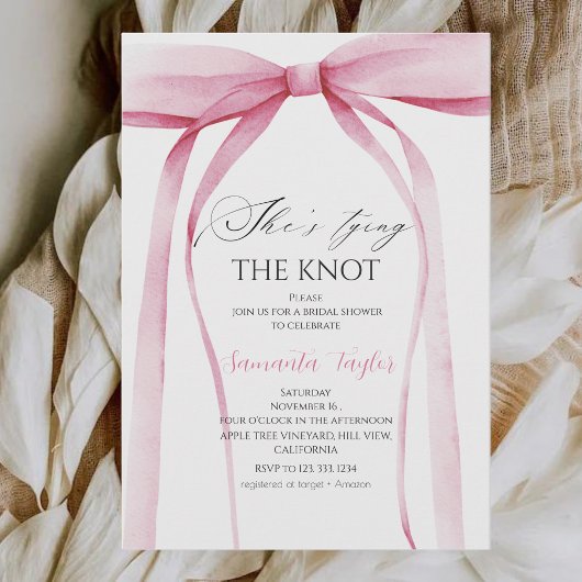 Roze lint ze knoopt de knoop bruidsfeest kaart