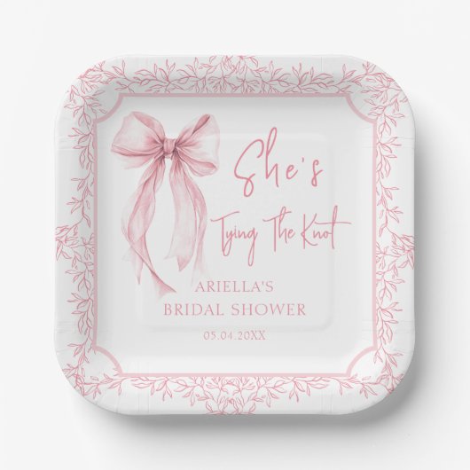 Roze lint ze knoopt de knoop bruidsfeest papieren bordje (Voorkant)