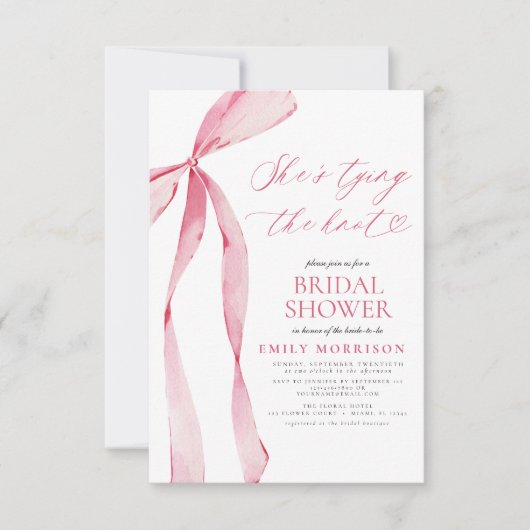 Roze lint ze maakt een knoop bruids douche kaart (Voorkant)