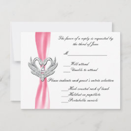 Roze lint zilveren zwanen antwoordkaart RSVP kaartje