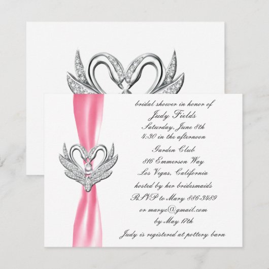 Roze Lint Zilveren Zwanen Bruidsdouche Uitnodiging (Voorkant / Achterkant)