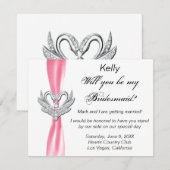 Roze lint zilveren zwanen bruidsmeisje kaart (Voorkant / Achterkant)