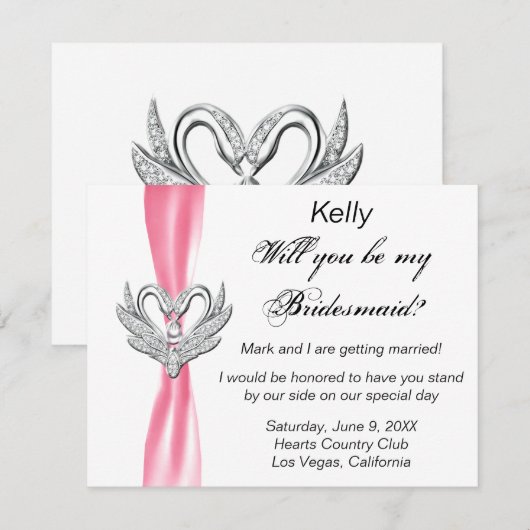 Roze lint zilveren zwanen bruidsmeisje kaart (Voorkant / Achterkant)