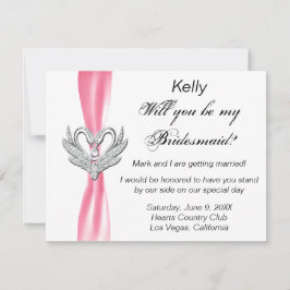 Roze lint zilveren zwanen bruidsmeisje kaart