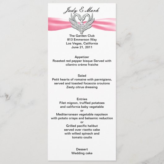 Roze Lint Zilveren Zwanen Menu Kaart (Voorkant)