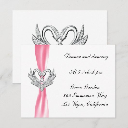 Roze lint zilveren zwanen ontvangstkaart kaart (Voorkant / Achterkant)