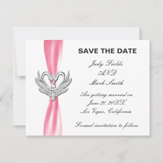 Roze lint zilveren zwanen save the date kaart (Voorkant)
