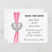 Roze lint zilveren zwanen save the date kaart (Voorkant / Achterkant)