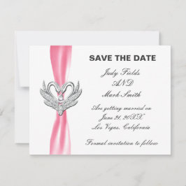 Roze lint zilveren zwanen save the date kaart