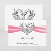 Roze lint zilveren zwanen tafel plaatskaart (Voorkant / Achterkant)